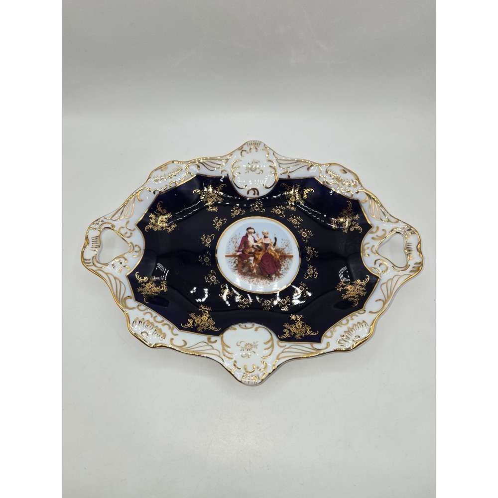 Tiger Yedi Inc Fine Porcelain Fruit Tray Cobalt Blue Gold Courting Couple 12.5" - Picture 2 of 7
